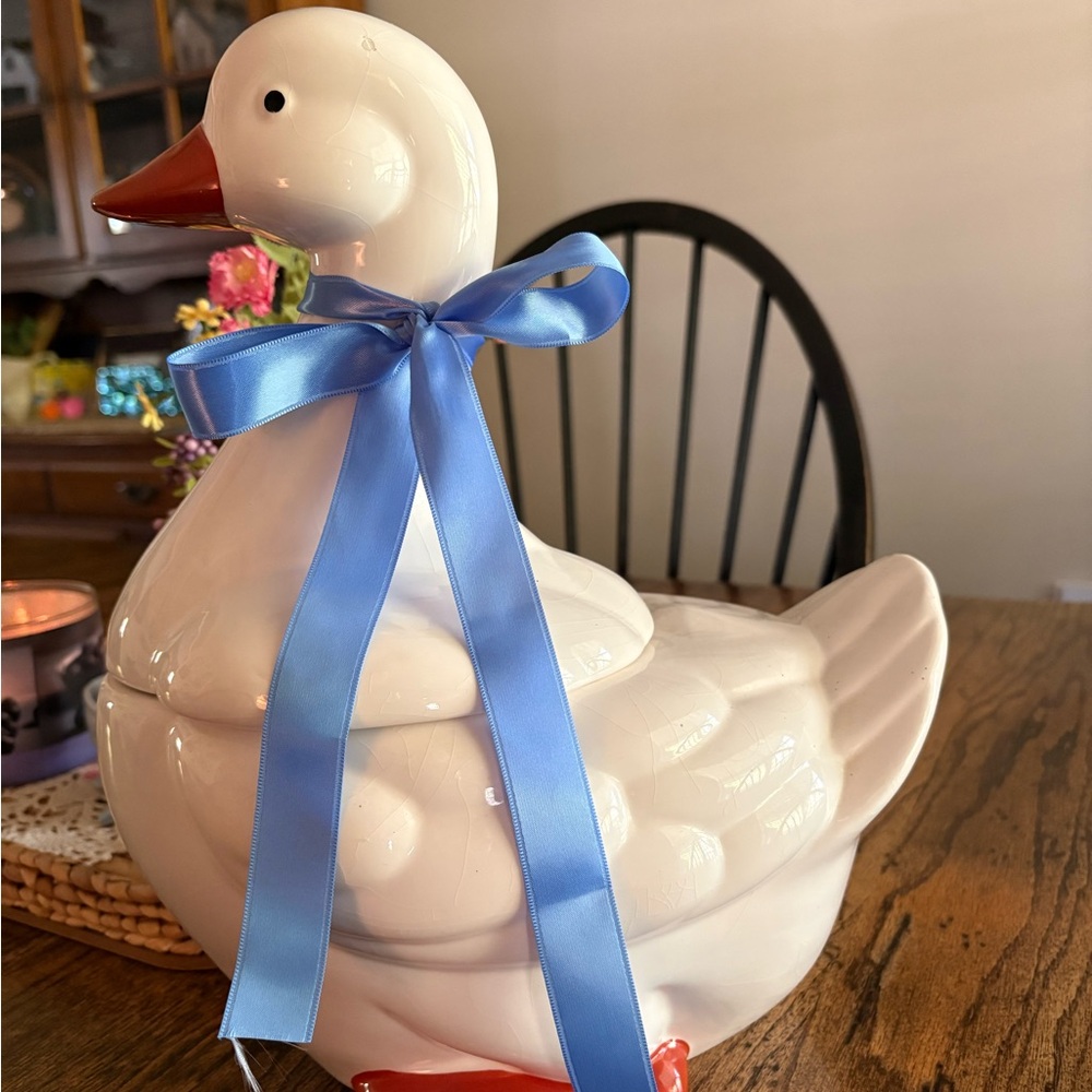 Vintage Goose Cookie Jar with Blue Bow